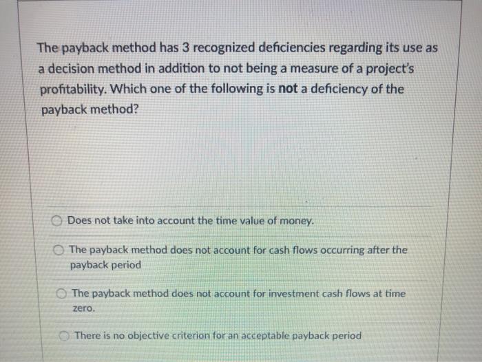  The payback method has 3 recognized deficiencies regarding its use as