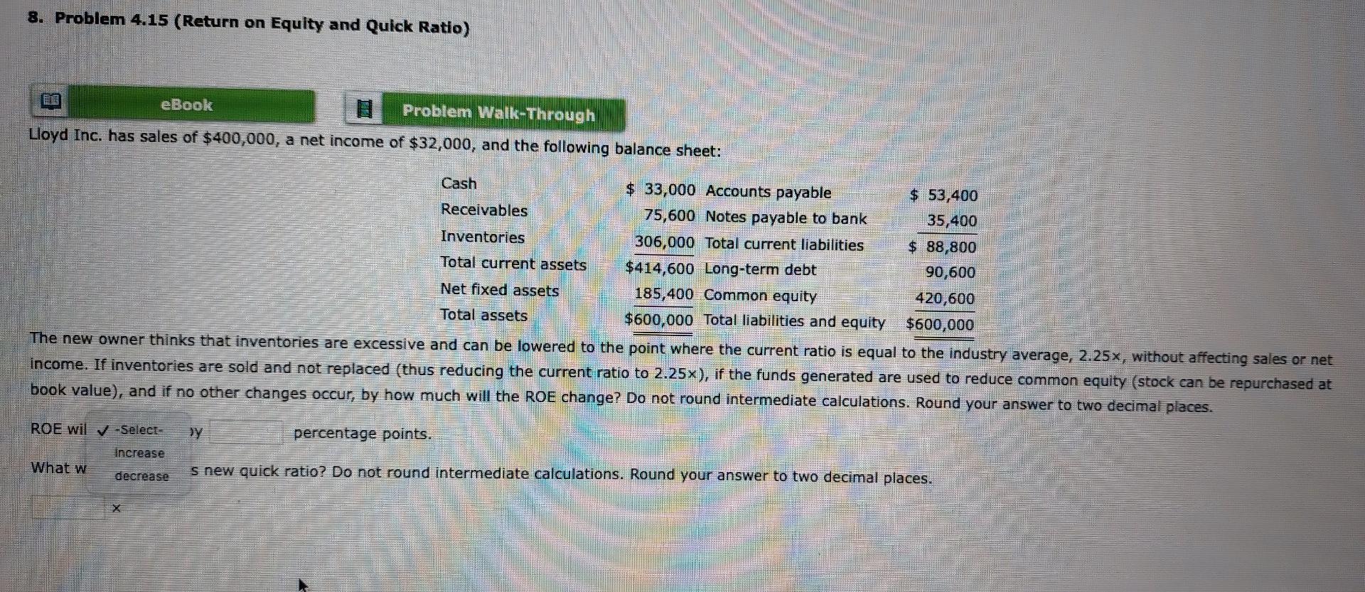  8. Problem 4.15 (Return on Equity and Quick Ratio) 20 eBook