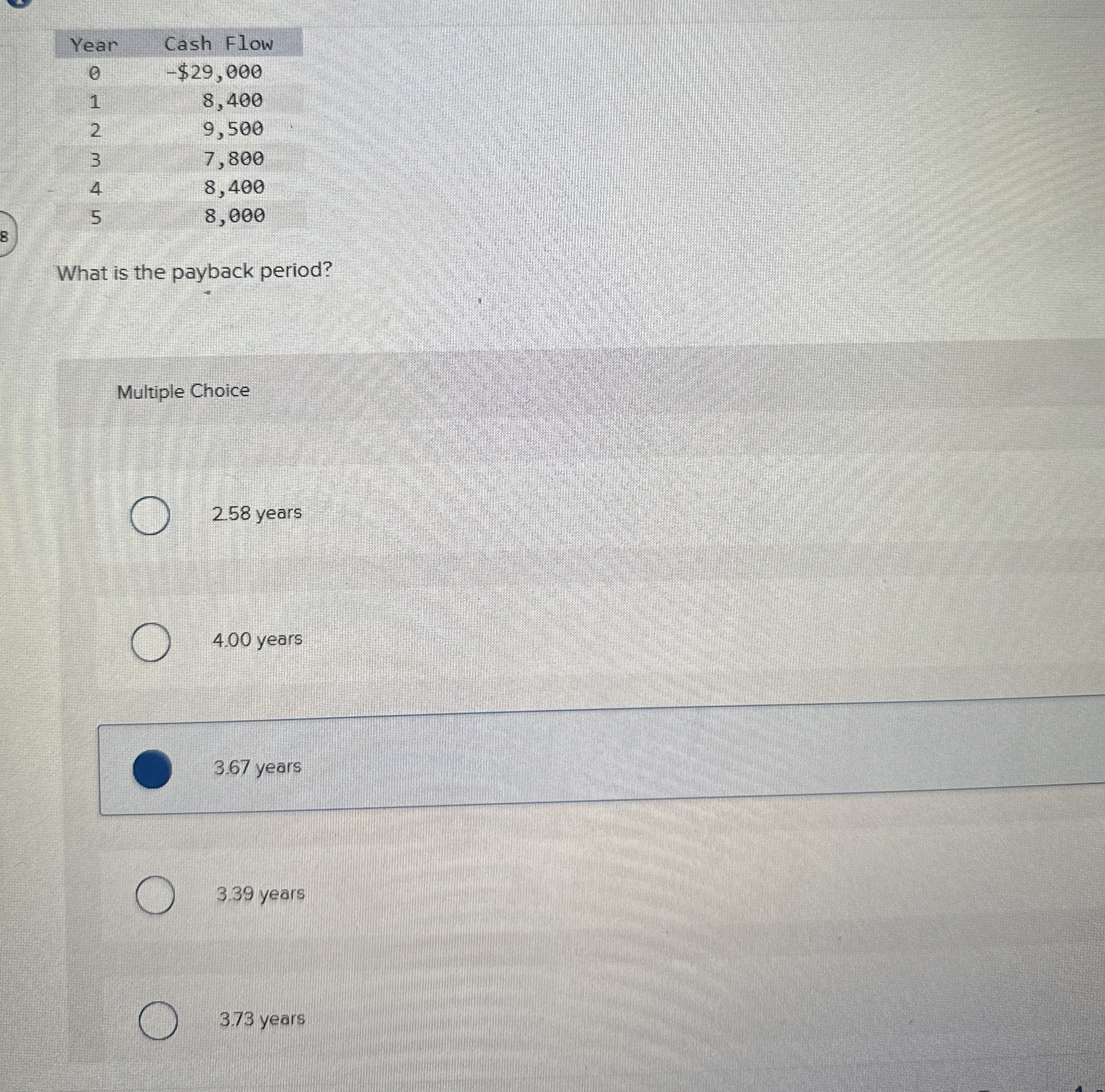  What is the payback period? Multiple Choice 2.58 years 4.00 years