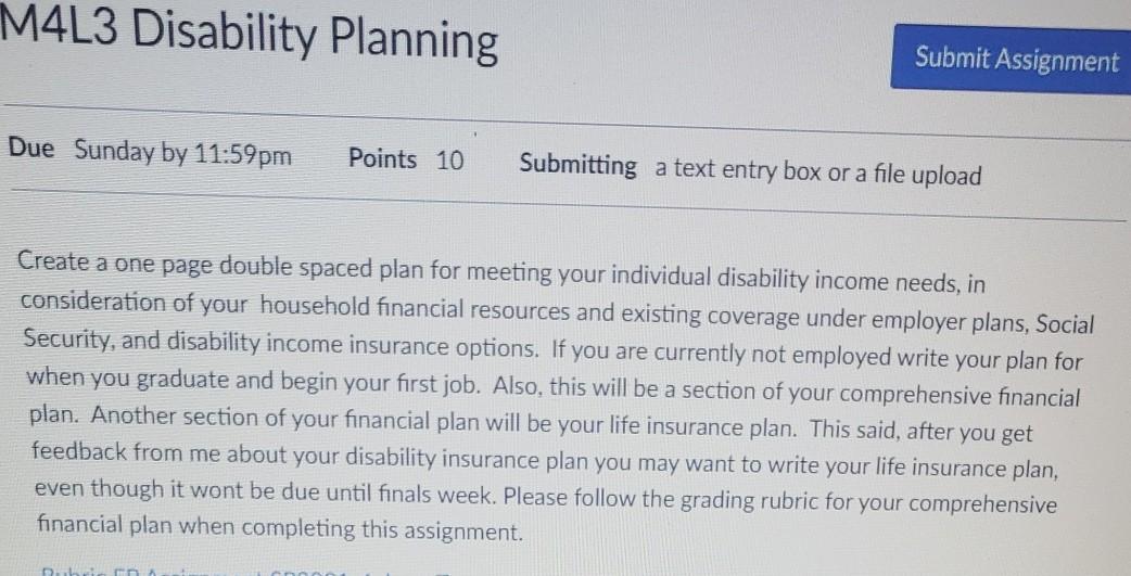 M4L3 Disability Planning Submit Assignment Due Sunday by 11:59pm Points 10