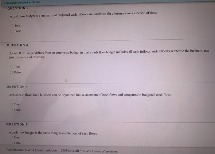  Question Completion Status QUESTION 2 A cash flow budget is a