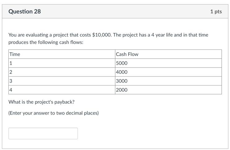  Question 28 1 pts You are evaluating a project that costs