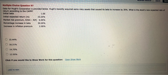  PRINTER VERSION BACK NEXT Multiple Choice Question 97 Data for Hugh's