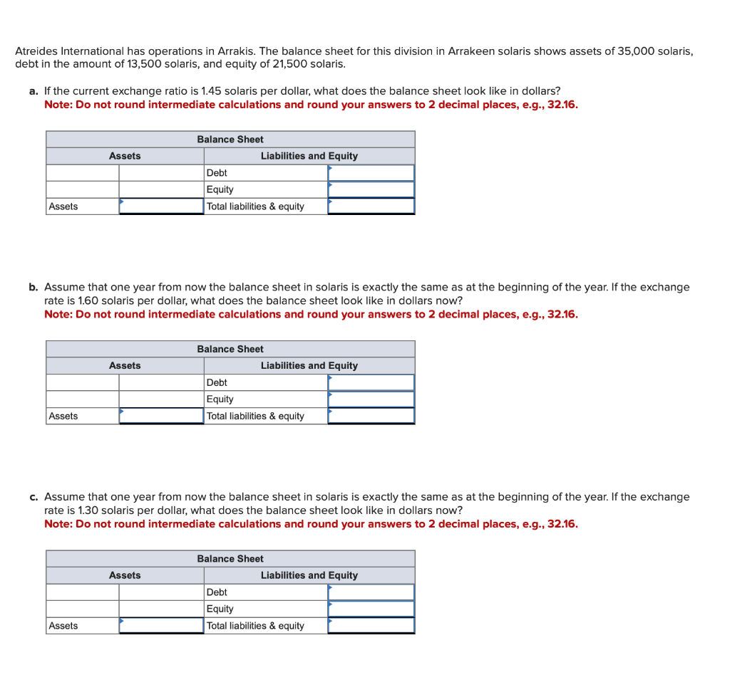  Atreides International has operations in Arrakis. The balance sheet for this
