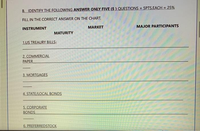  B. IDENTIFY THE FOLLOWING ANSWER ONLY FIVE (5.) QUESTIONS = 5PTS.EACH