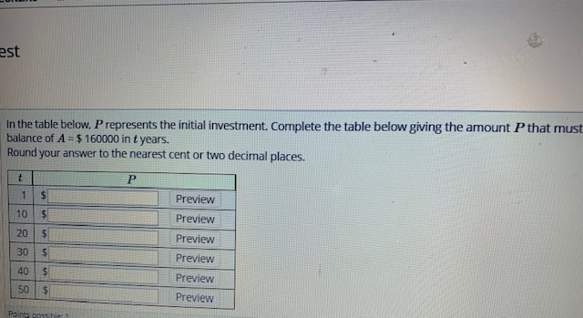 In the table below, PP represents the initial investment. Complete the