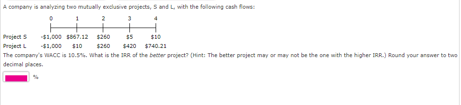 A company is analyzing two mutually exclusive projects, S and L,