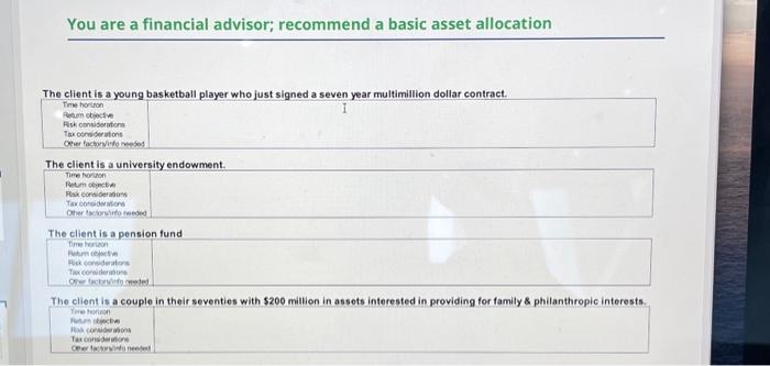  You are a financial advisor; recommend a basic asset allocation The