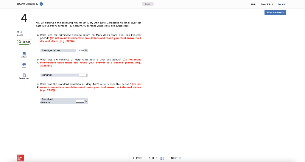  BA519 Chapter 10 Help Save & Exit Submit Check my work