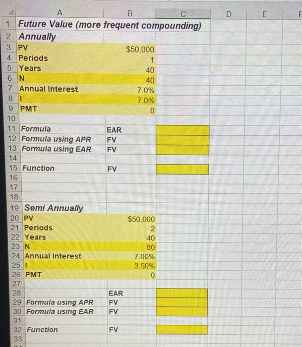 Fill in yellow with formulas and answers. D E E F A