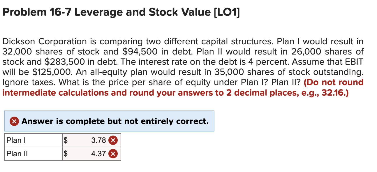  Dickson Corporation is comparing two different capital structures. Plan I would