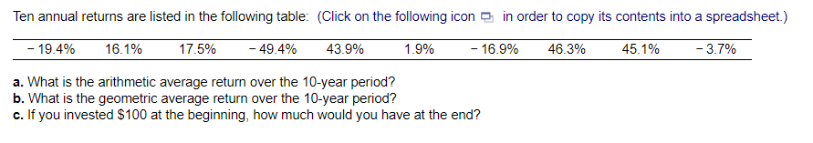  a. What is the arithmetic average return over the 10 -year