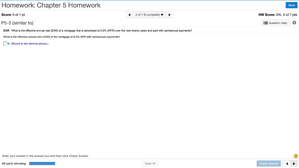  Homework: Chapter 5 Homework Save 2 of 7 (0 complete) HW