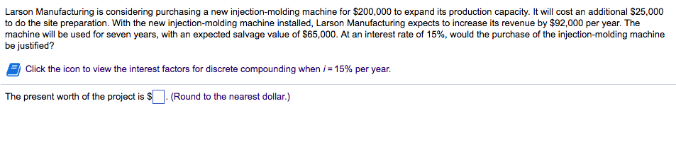 Larson Manufacturing is considering purchasing a new injection-molding machine for $200,000