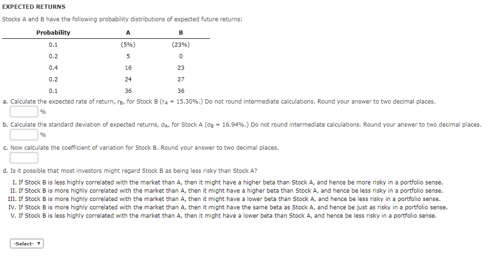  EXPECTED RETURNS Stocks A and B have the following probability distributions