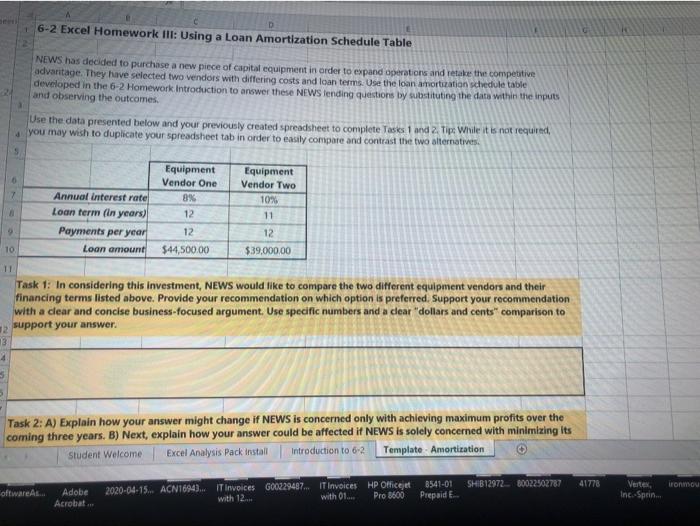  6-2 Excel Homework itt: Using a Loan Amortization Schedule Table NEWS