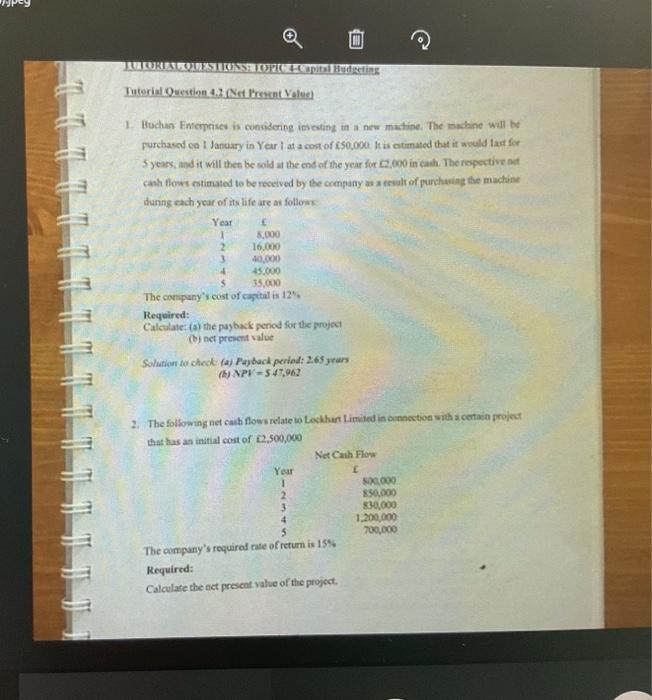  UURISOLTOORHpital Hudgeting Tutorial Question 4.2 (Net Present Value) 3.000 1. Buchun