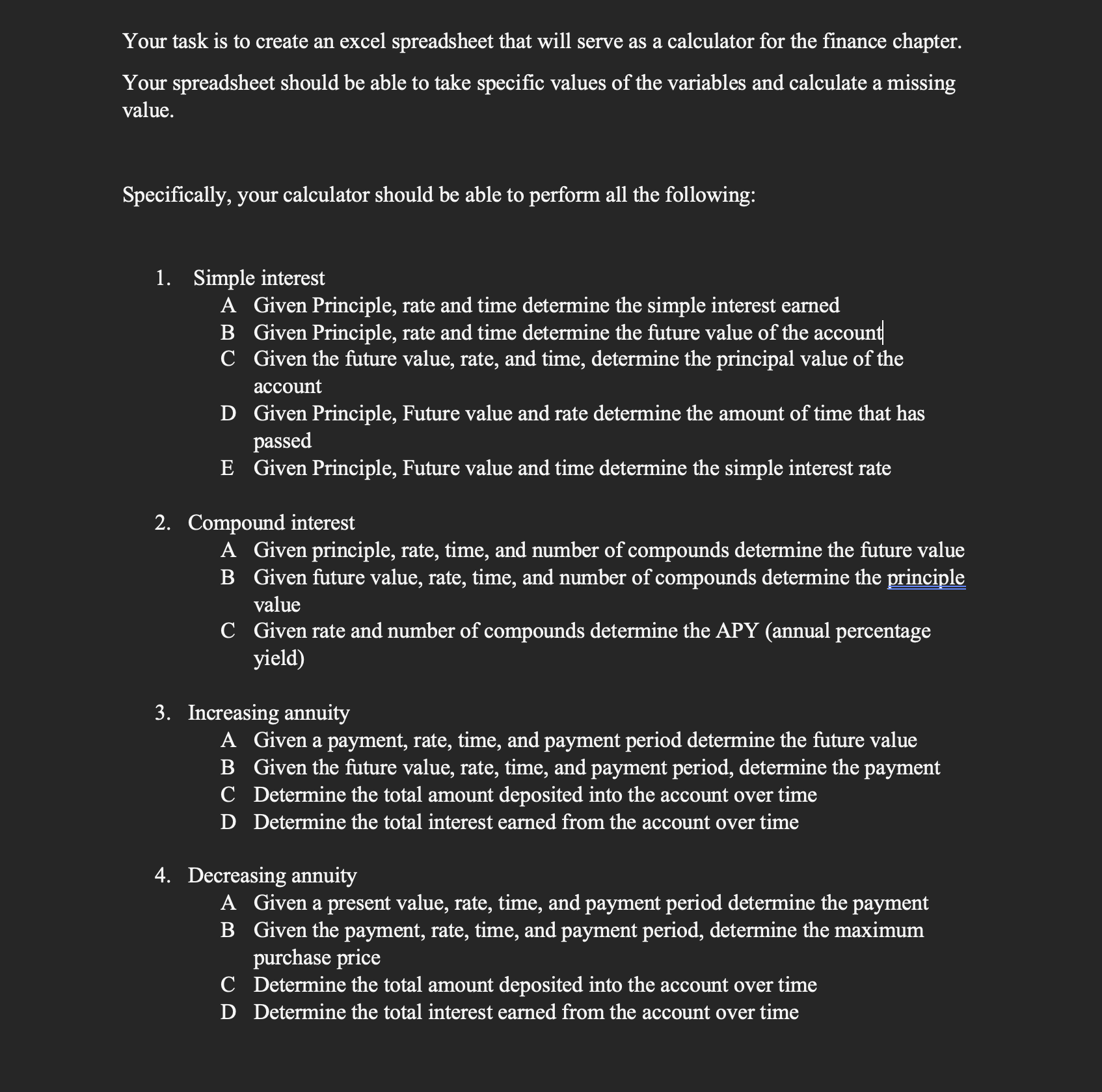  Your task is to create an excel spreadsheet that will serve