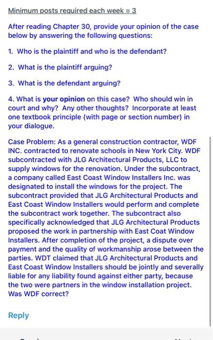 help with business law case problem please Minimum posts required each week