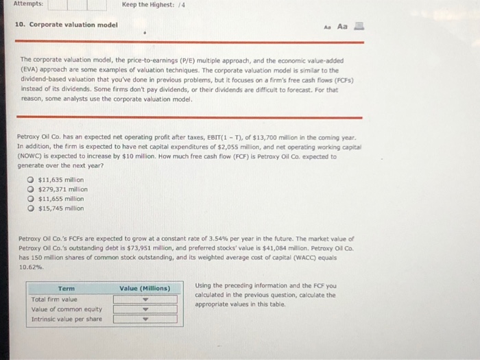  Attempts: Keep the Highest: 14 10. Corporate valuation model The corporate