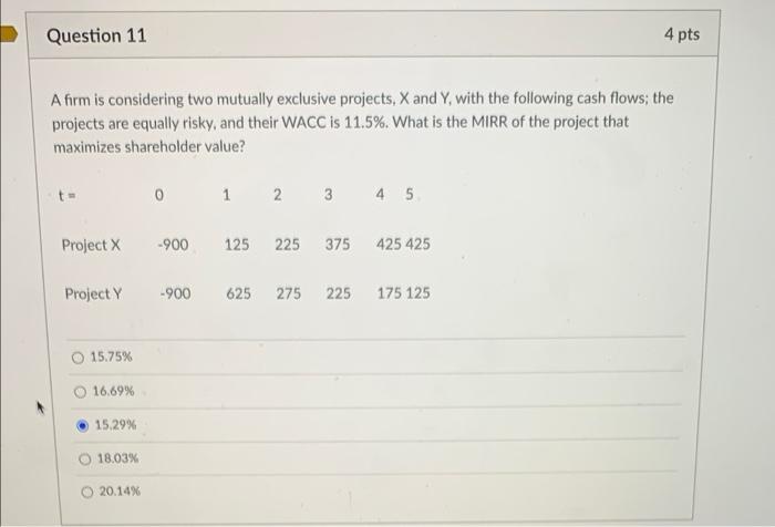  Question 11 4 pts A firm is considering two mutually exclusive