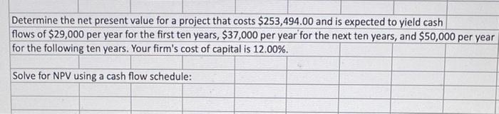  Determine the net present value for a project that costs $253,494.00