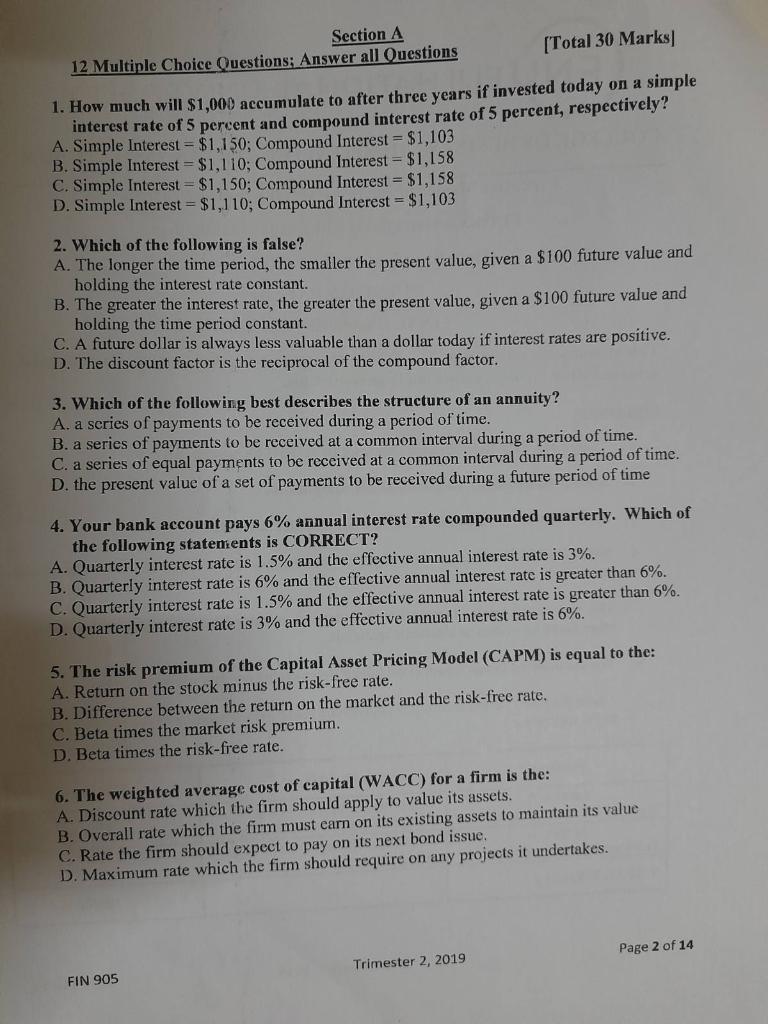 Section A 12 Multiple Choice Questions; Answer all Questions [Total 30