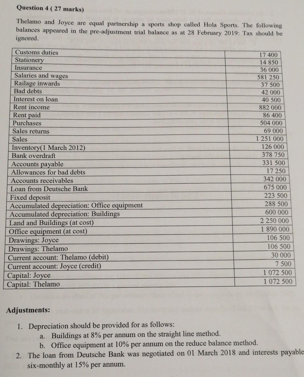  Question 4 ( 27 marks) Thelamo and Joyce are equal partnership