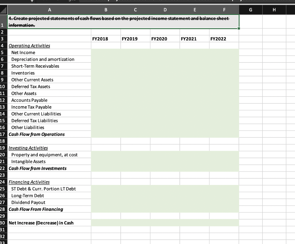  A B C D E F G 4. Create projected statements