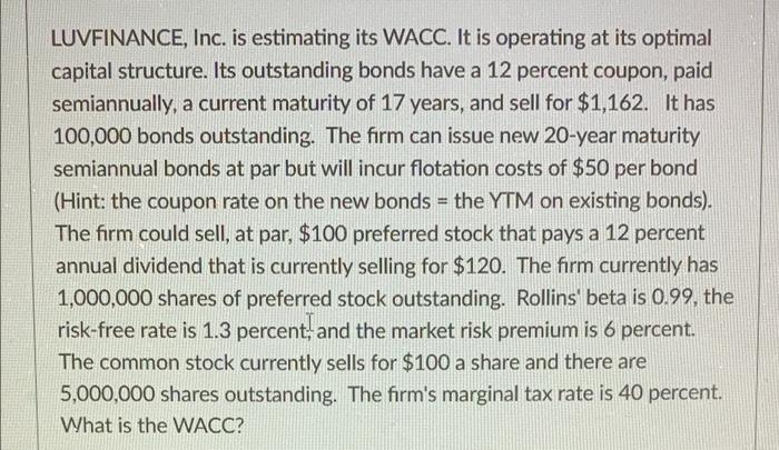  LUVFINANCE, Inc. is estimating its WACC. It is operating at its