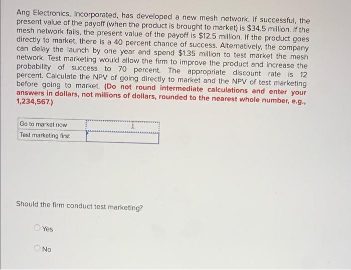  Ang Electronics, Incorporated, has developed a new mesh network. If successful,