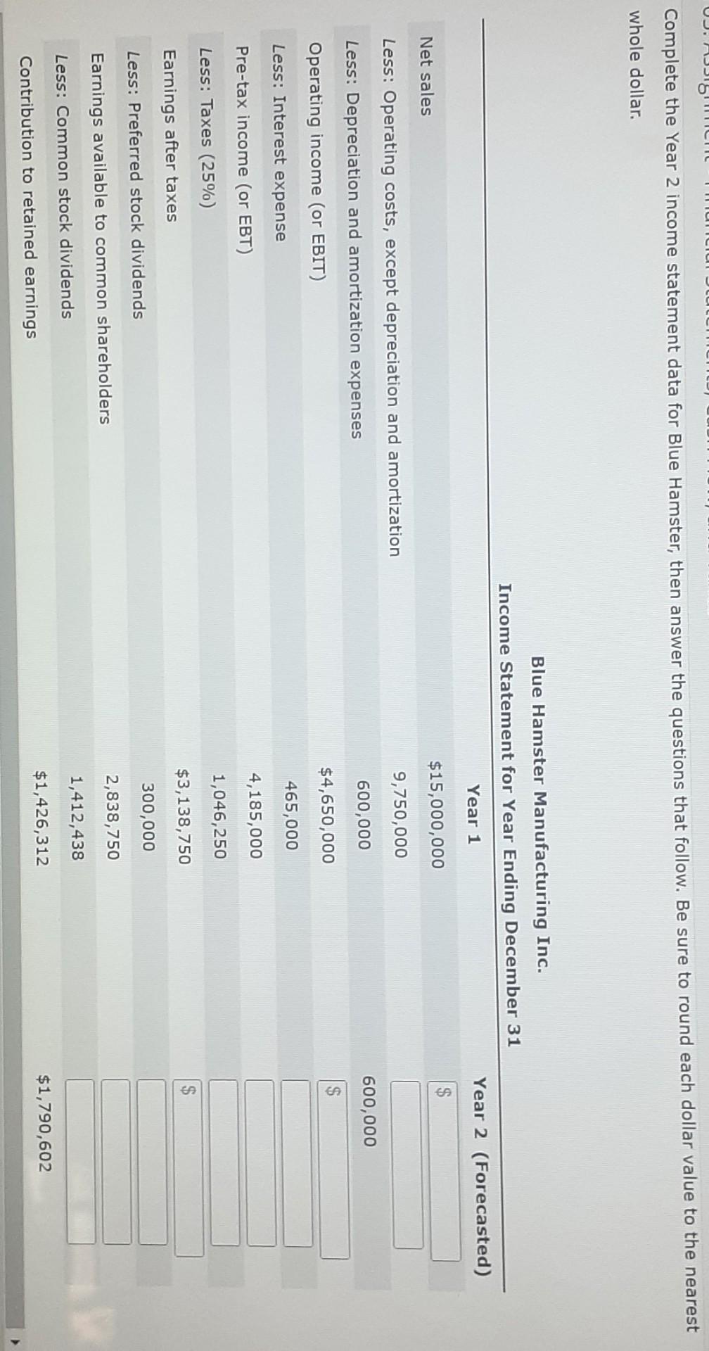 Hamster Manufacturing Inc.'s income statement reports data for its first year of