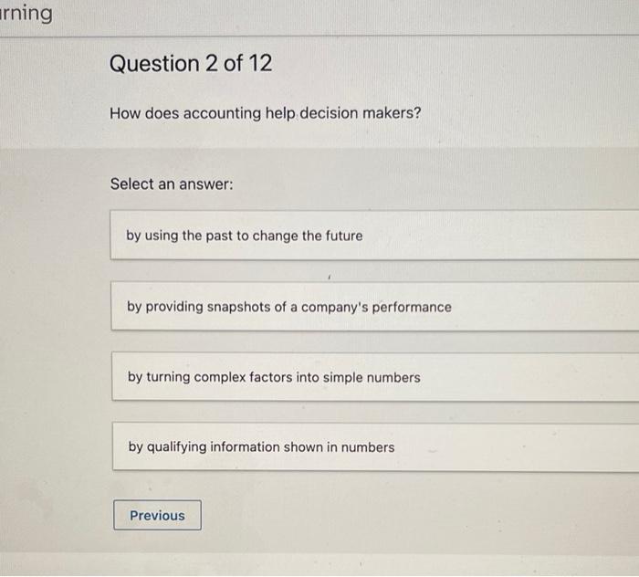  How does accounting help decision makers? Select an answer: by using