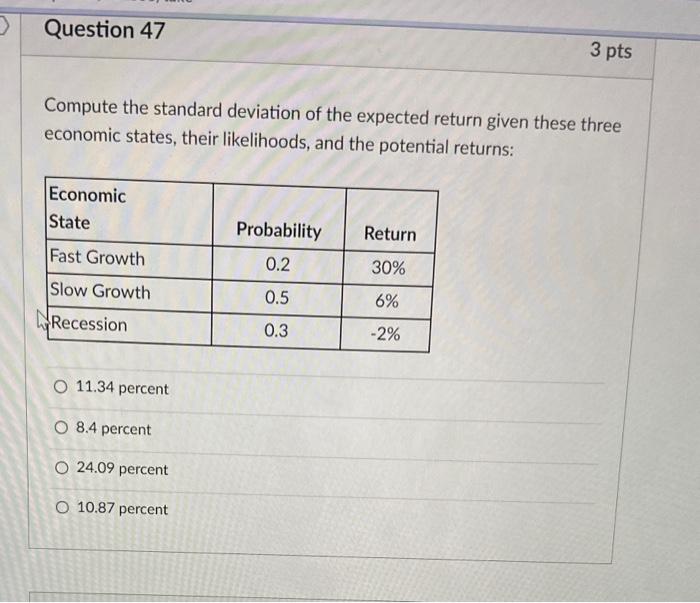  Compute the standard deviation of the expected return given these three