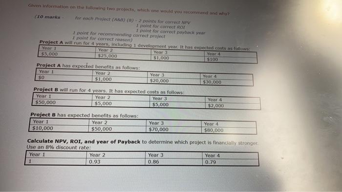  Given information on the following two projects, which one would you