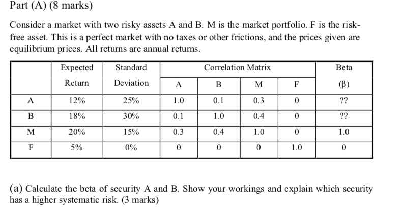  Part (A) (8 marks) Consider a market with two risky assets