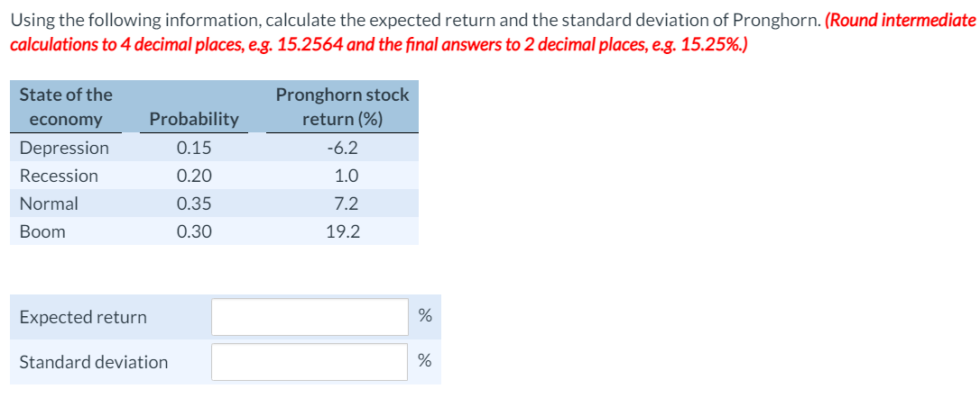 Using the following information, calculate the expected return and the standard