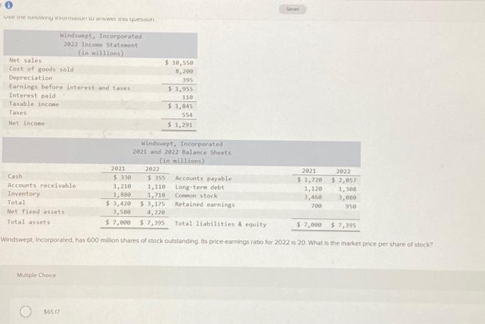  Use the following information to answer this question. Windswept, Incorporated 2022
