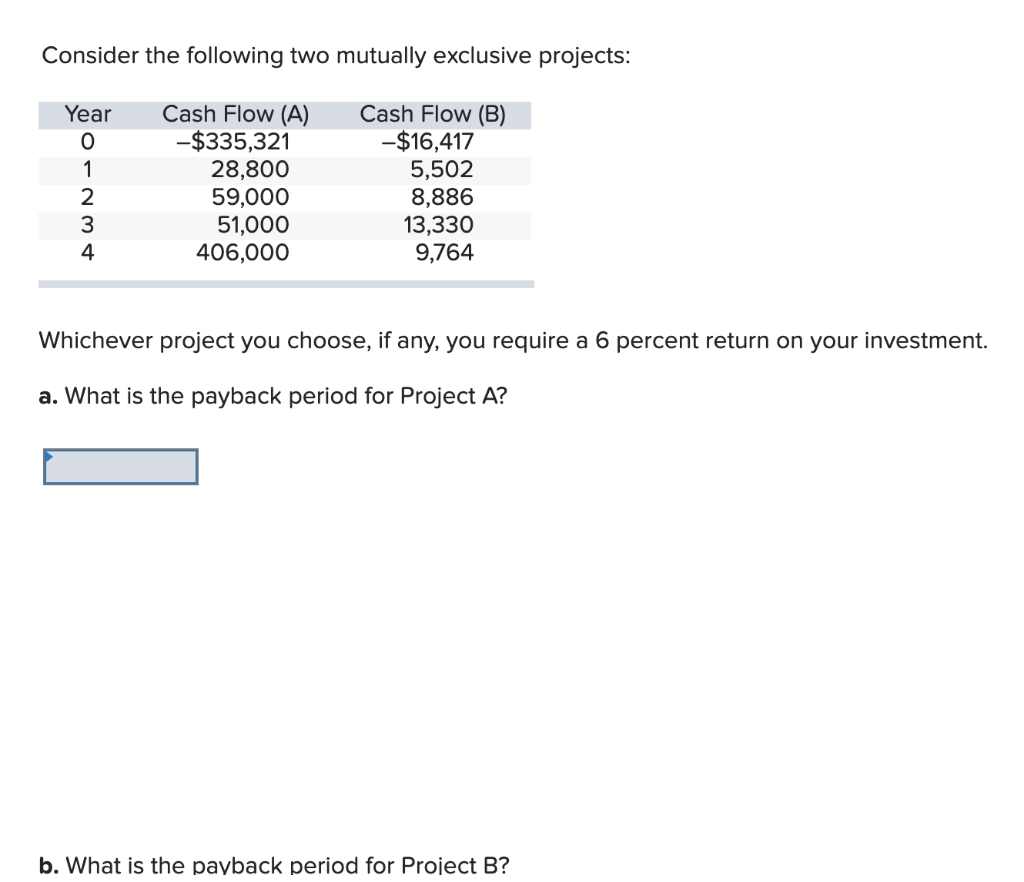  Consider the following two mutually exclusive projects: Payback period for both