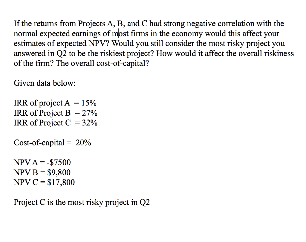 How negative correlation affect those factors? If the returns from Projects A,