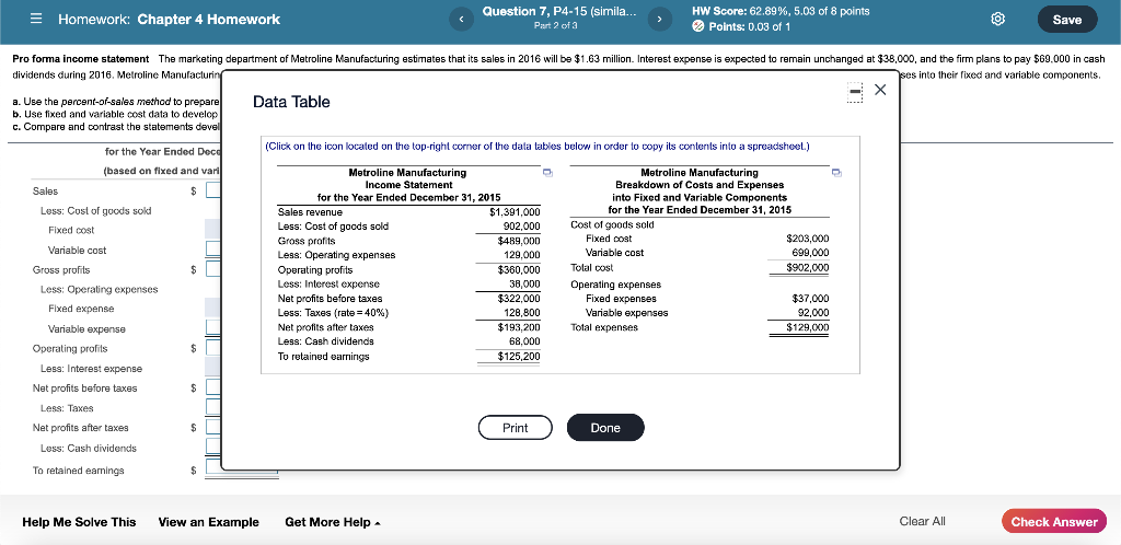 1 Save Pro forma income statement The marketing department of Metroline Manufacturing