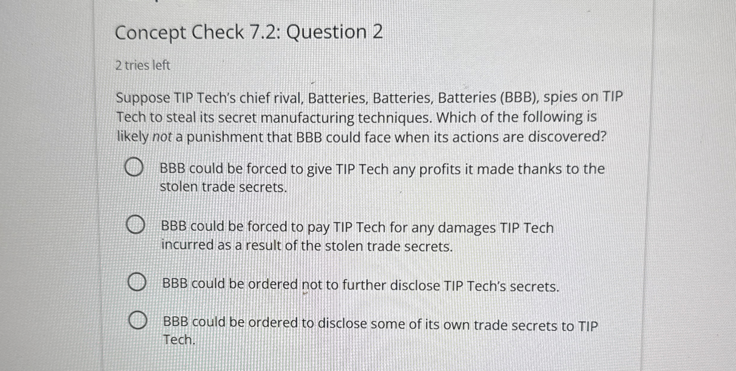  Concept Check 7.2: Question 2 2 tries left Suppose TIP Tech's