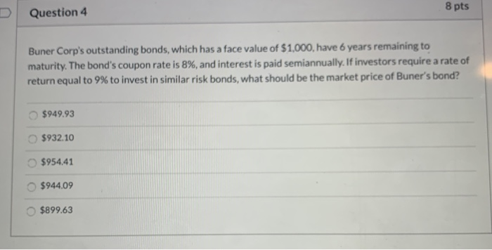  Question 4 8 pts Buner Corp's outstanding bonds, which has a