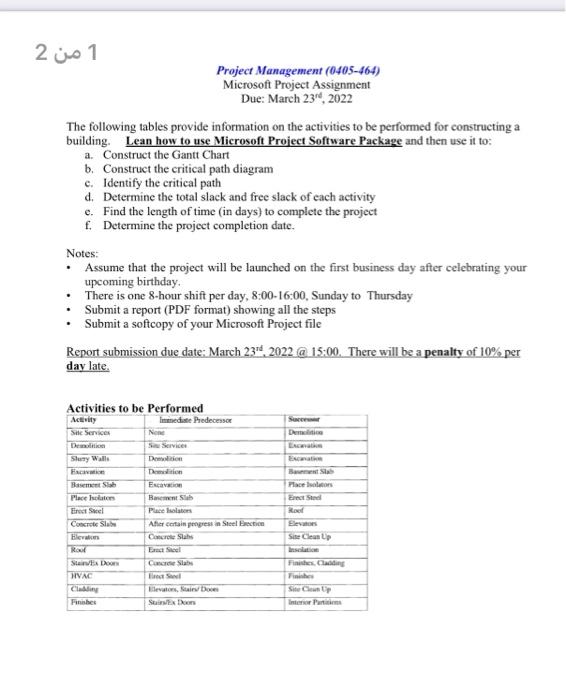  1 2 Project Management (0405-464) Microsoft Project Assignment Due: March 23,
