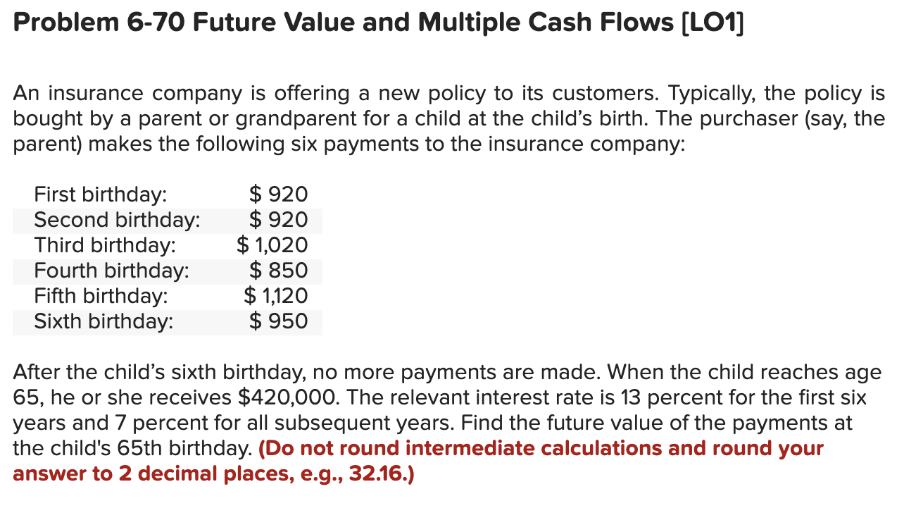  Problem 6-70 Future Value and Multiple Cash Flows (LO1] An insurance
