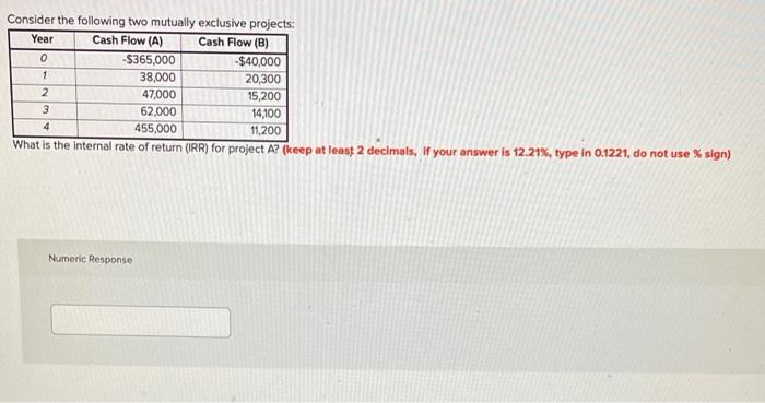  Consider the following two mutually exclusive projects Year Cash Flow (A)