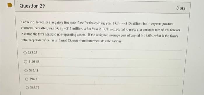  Question 29 3 pts Kedia Inc. forecasts a negative free cash