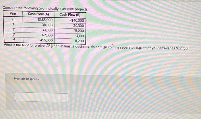  0 1 Consider the following two mutually exclusive projects: Year Cash