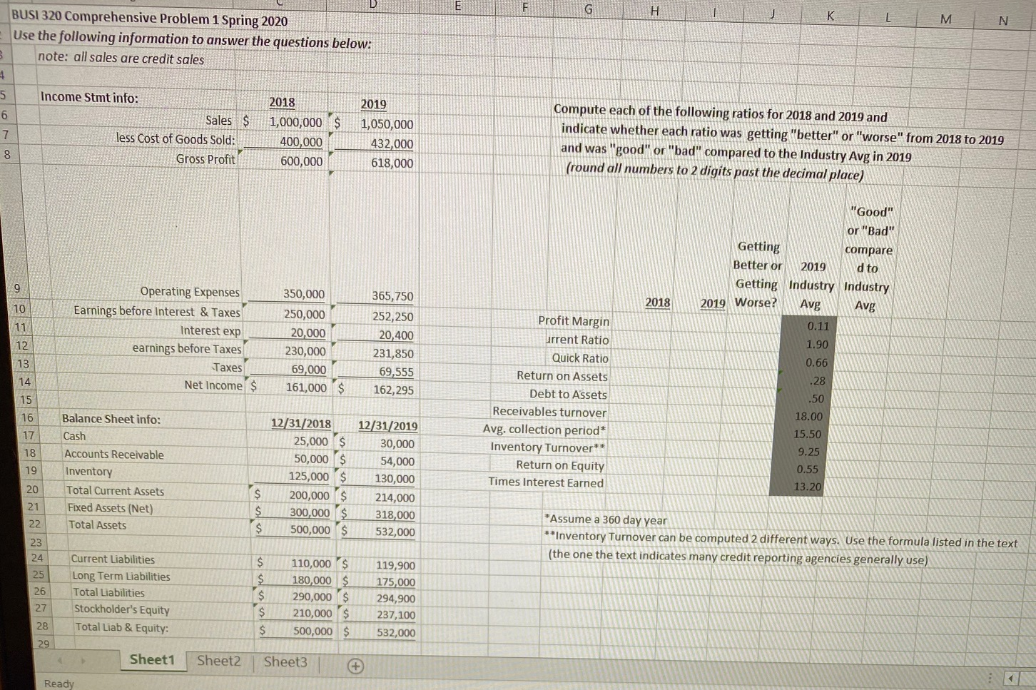 L M N BUSI 320 Comprehensive Problem 1 Spring 2020 Use