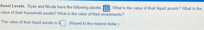  the spreadsheet for question is below Asset Levels. Ryan and Nicole